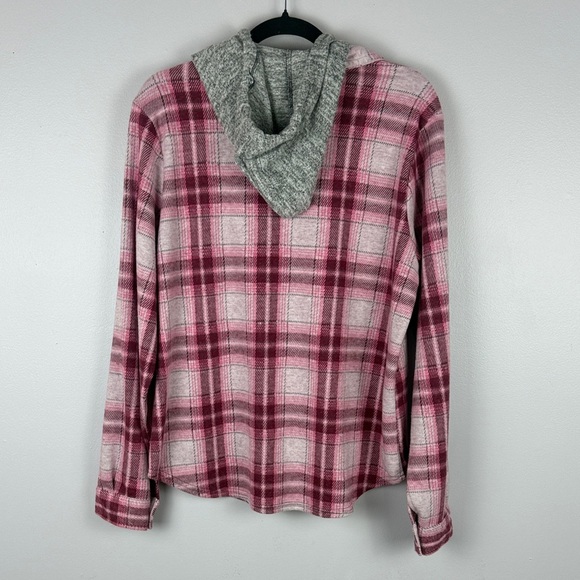 No Boundaries Pink & Gray Plaid Hooded Button & Zip Flannel Shirt Size Large - Picture 12 of 15